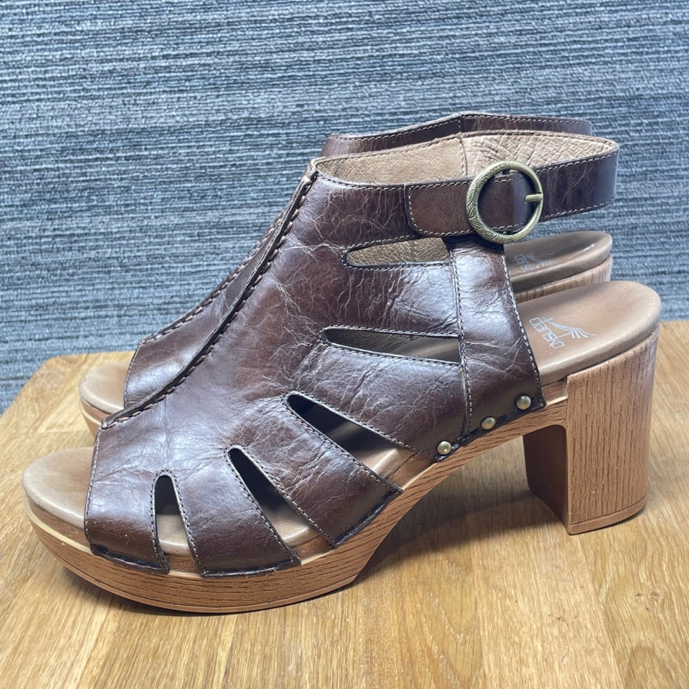 Dansko Demetra Sandals Women US 11.5 EU 42 Brown Leather Cutout Block Heel Clogs